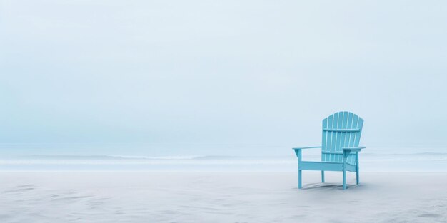 Eenzame stoel op wit zand van rustig strand van zee bedekt met mist Generatieve AI