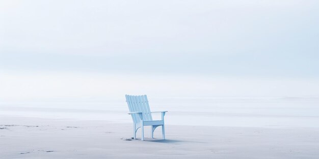 Eenzame stoel op wit zand van rustig strand van zee bedekt met mist Generatieve AI