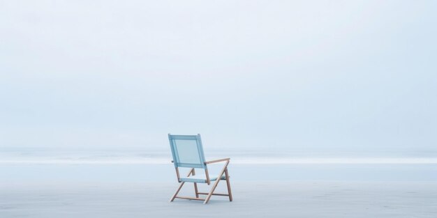 Eenzame stoel op wit zand van rustig strand van zee bedekt met mist Generatieve AI