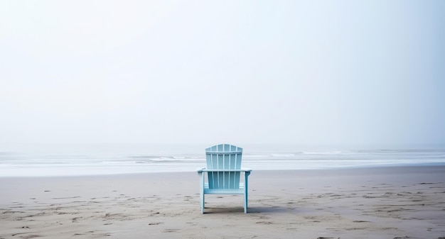 Eenzame stoel op wit zand van rustig strand van zee bedekt met mist Generatieve AI