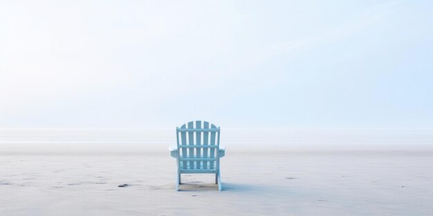 Eenzame stoel op wit zand van rustig strand van zee bedekt met mist Generatieve AI