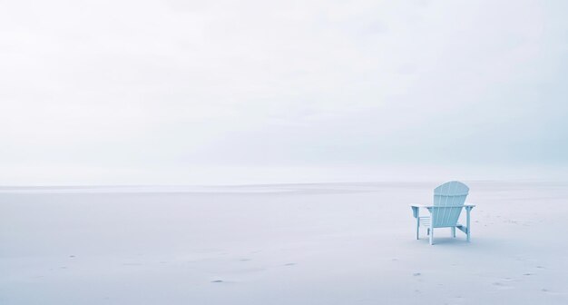 Eenzame stoel op wit zand van rustig strand van zee bedekt met mist Generatieve AI