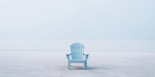 Eenzame stoel op wit zand van rustig strand van zee bedekt met mist Generatieve AI