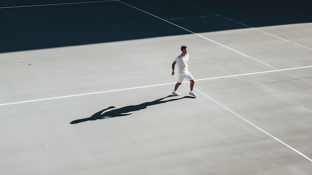 Eenzame tennisspeler met schaduw op een blanke baan, minimalistisch en dynamisch.