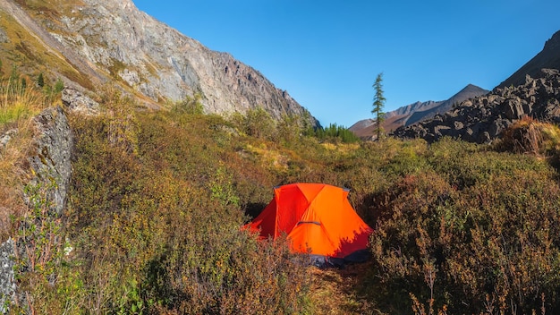 Eenzame tent in het bergbos. Oranje kampeertent aan de kust in het zonlicht. Toerisme concept avontuurlijke reis buiten. Panoramisch zicht.