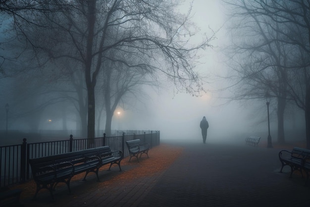 Eenzame voorbijganger in de mist AI gegenereerd