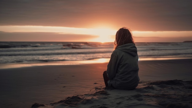 Eenzame vrouw die nadenkt over het leven op een strand bij zonsondergang Generatieve ai