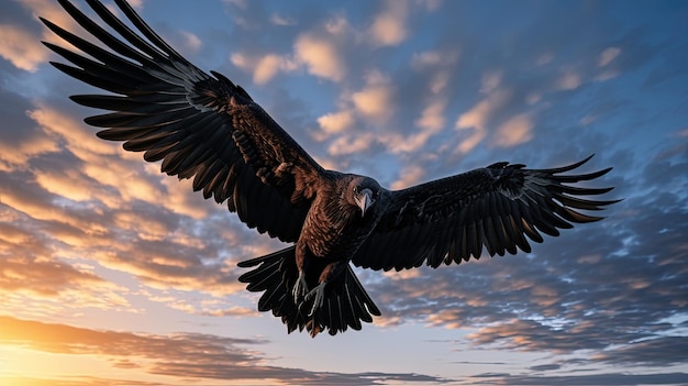 Eenzame zwarte vogel die in het hemelsilhouetconcept vliegt