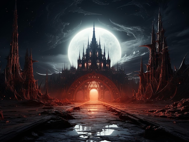 Eerie alien cathedral on a desolate planet gothic arches with biomechanical wings under a nebula sky