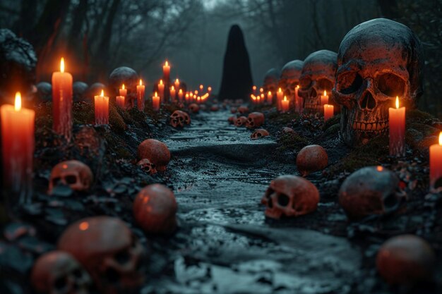 Photo eerie ambiance skulls line a forest path candles casting shadows