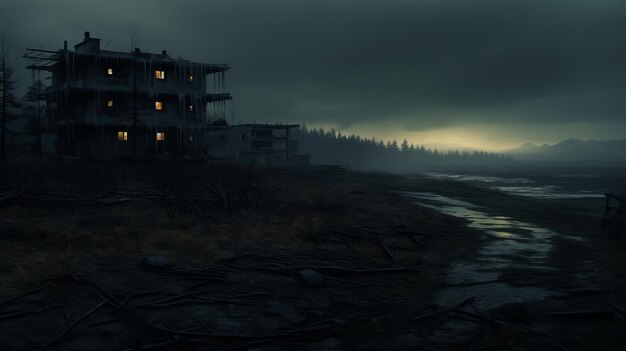 Photo eerie apartment in a dark forest dystopian landscapes and gloomy metropolises