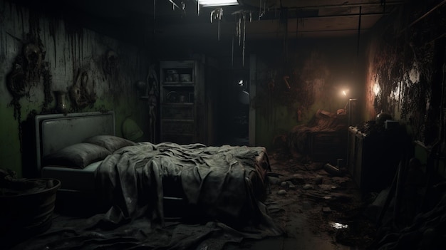 Photo eerie and atmospheric room with detailed octane render style