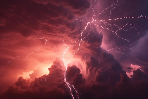 Eerie backdrop of dark red storm clouds and captivating lightning