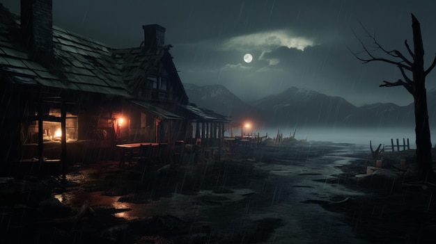 Photo eerie cabin in the rain cryengine style tavern with unique yokai illustrations