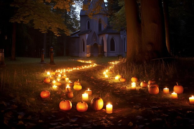 Photo eerie churchyard glow pumpkin candles