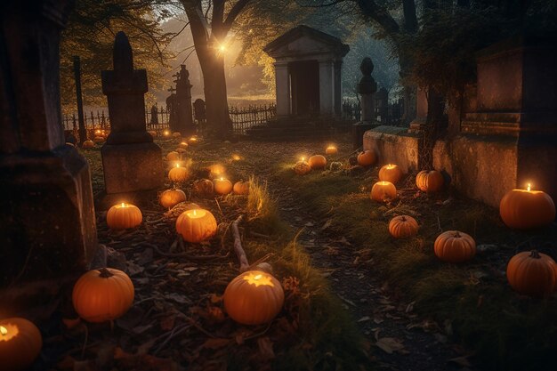 Photo eerie churchyard glow pumpkin candles