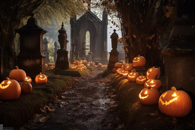 Photo eerie churchyard glow pumpkin candles