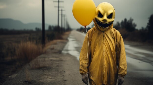 Photo eerie clown mask with yellow balloon on an empty road