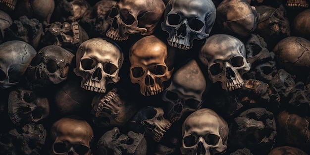 Eerie collectie van menselijke schedels in de duisternis die de sterfelijkheid en het verval benadrukken AI Generative