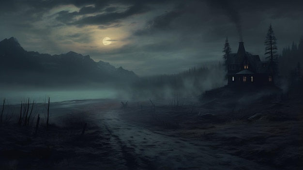 Photo eerie dark house in expansive landscapes dark fantasy art