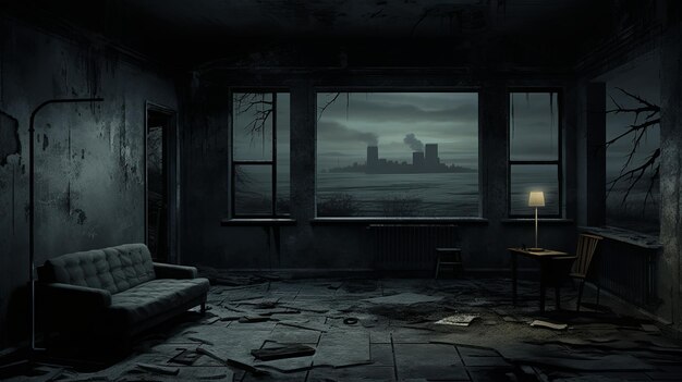 Photo eerie decay ominous hotel room wallpaper with bleak cityscape