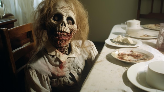 Foto scena di cena inquietante in stile zombiecore con sculture sporche e costumi dettagliati