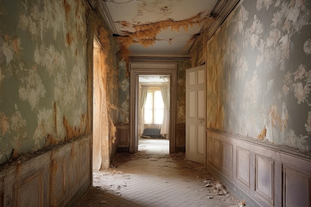 生成 AI で作成された古い邸宅の壁紙が剥がれた不気味な空の廊下