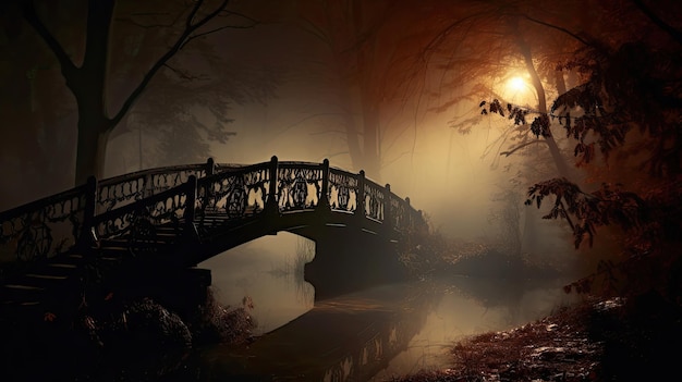 Eerie Fog Rolling over a Haunted Bridge