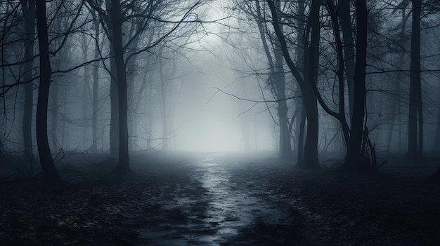 Жуткий лес на концепции силуэта туманного зимнего дня