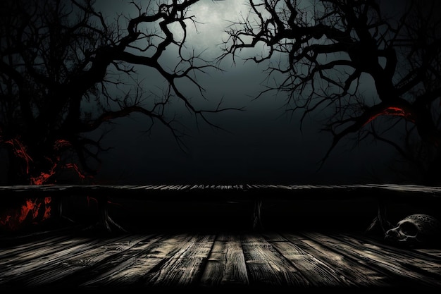 Photo eerie forest scene with moon and table for halloween