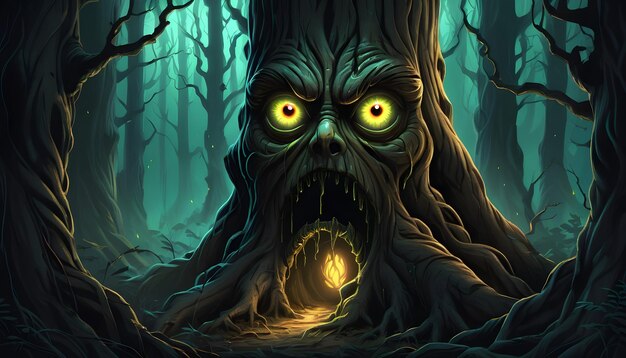 an eerie forest with glowing eyes peering out from behind twisted tree trunks