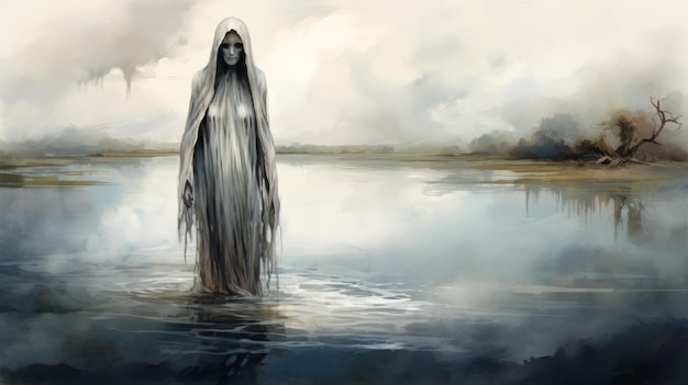 湖に立っているオカルティスト スタイルの不気味な幽霊の絵