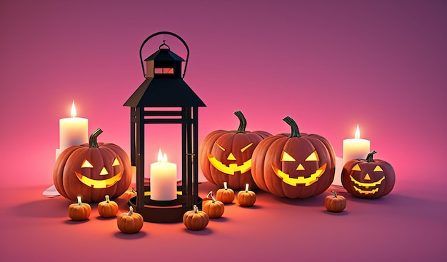 Eerie Glow Halloween Pumpkin Lantern with Candle Inside in 3D Render