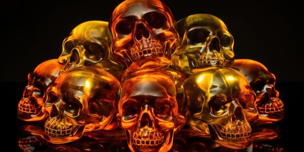 Страшные золотые черепа на черном преследуют темный и мистический ИИ Генератив