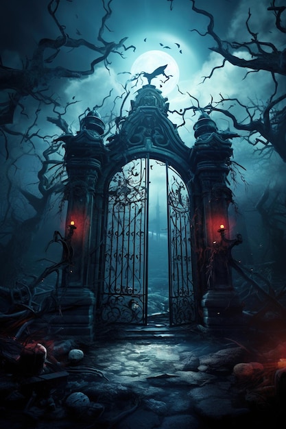 Eerie graveyard gate partly open bathed in soft moonlight