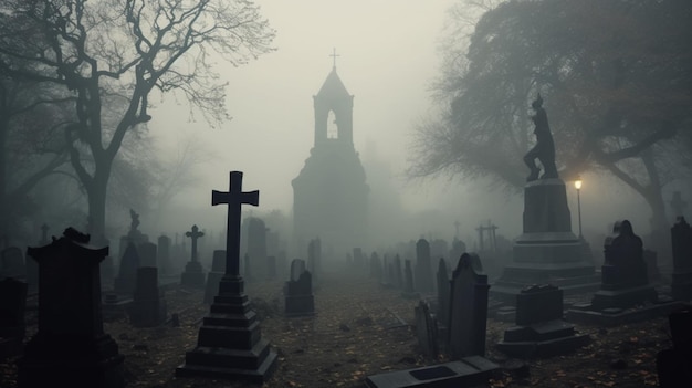 An eerie graveyard with fog rolling in