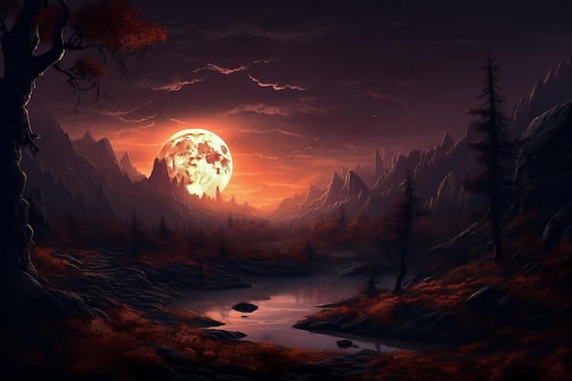 An eerie Halloween landscape featuring a moon Generative Ai