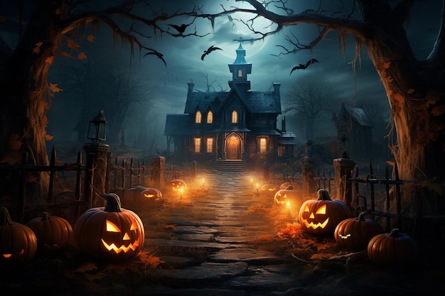 An Eerie Halloween Night A Haunting Scene of Mystery and Excitement Created with Generative AI