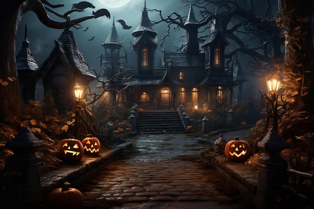 An Eerie Halloween Night A Haunting Scene of Mystery and Excitement Created with Generative AI