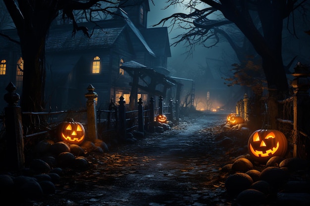 An Eerie Halloween Night A Haunting Scene of Mystery and Excitement Created with Generative AI