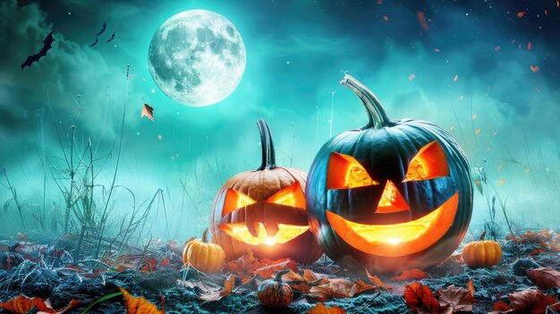 Eerie Halloween scène pompoenen gloeien in het maanlicht Spooky jack o lantaarns op Halloween nacht