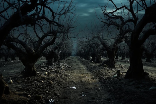Photo eerie haunted orchard with creepy trees