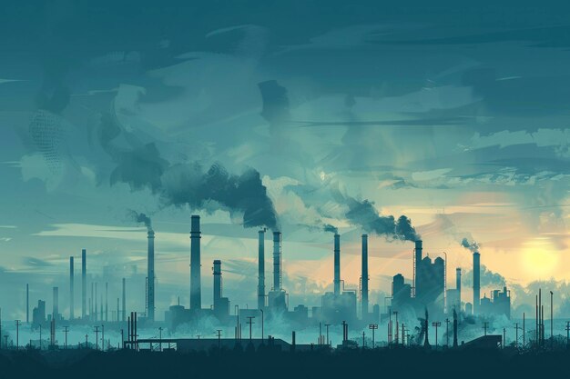 Eerie industrial skyline with smogfilled air portraying pollution and environmental issues