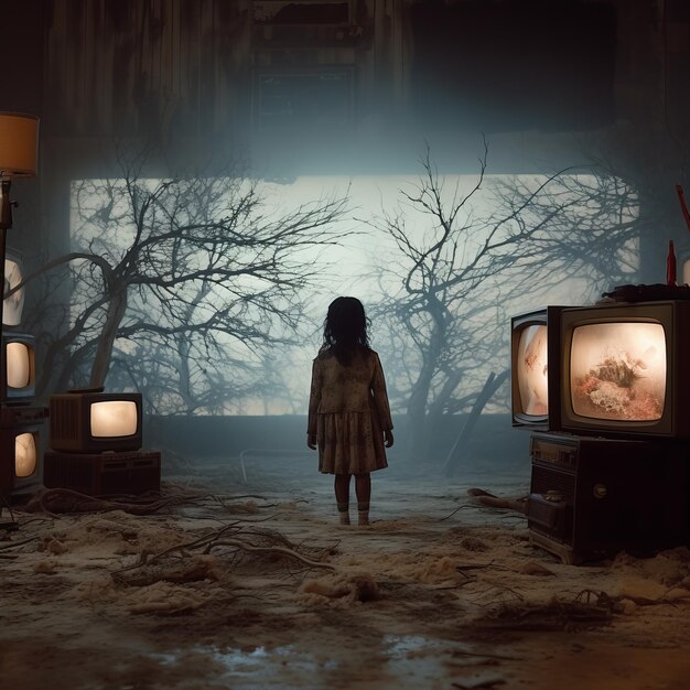 Photo eerie landscapes a creepy young girl stands amidst televisions