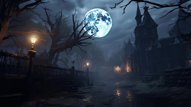 an eerie night scene with a full moon in the background