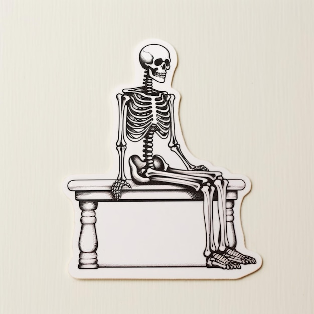 Foto eerie nostalgia vintage risograph sticker con uno scheletro poggiato su una bara contro un bianco