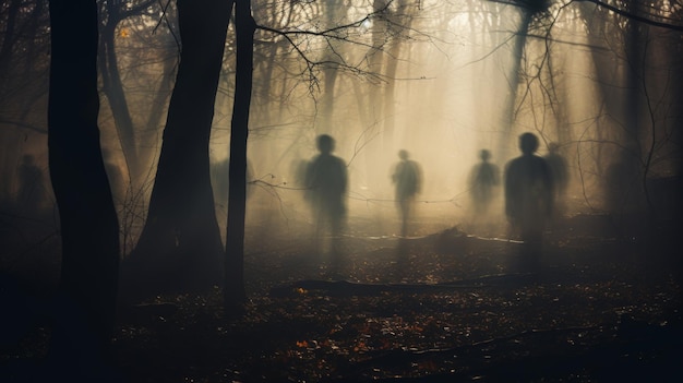 Eerie phantom forest with ghostly shadows lurking in defocused blurred background