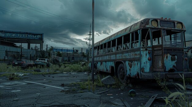 An eerie postapocalyptic scene with a decrepit bus amidst urban decay