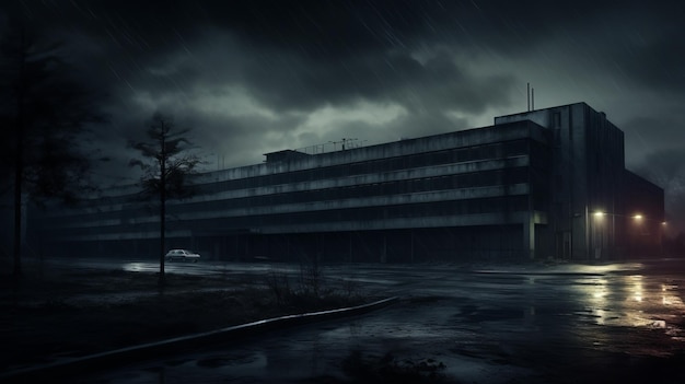 Photo eerie realistic rendering of abandoned office building in bleak landscape
