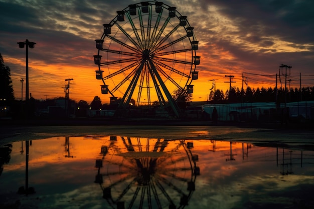 Eerie shadow of a ferris wheel at sunset created with generative ai